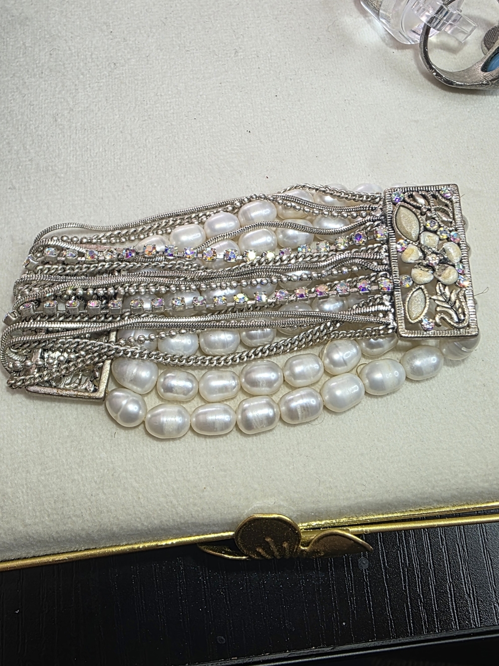 Baroque Freshwater Pearl Multi Strand Bracelet Statement Wide White Silver Tone - Picture 5 of 7